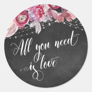 Chalkboard Lights Pink Floral All You Need is Love Classic Round Sticker
