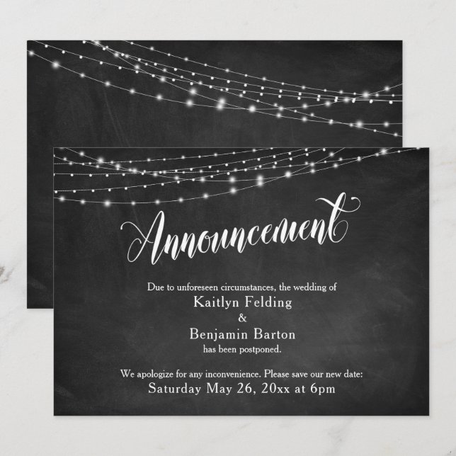 Chalkboard & Lights Postponed Wedding Announcement (Front/Back)