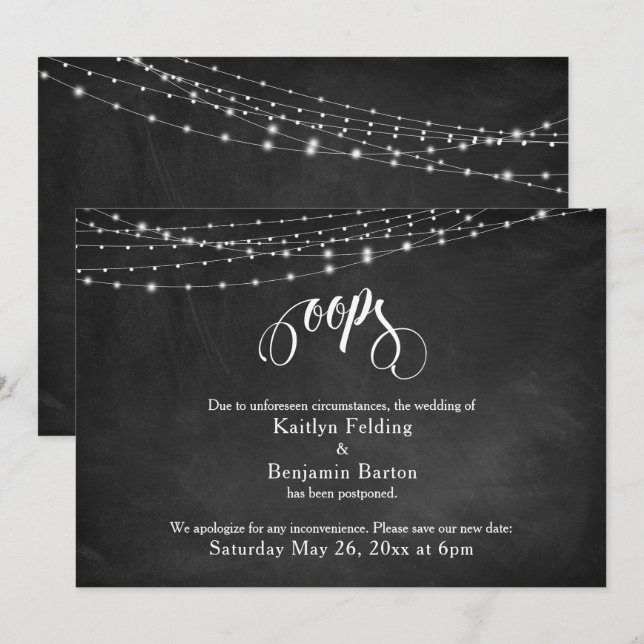 Chalkboard & Lights Postponed Wedding Humour "Oops Invitation (Front/Back)
