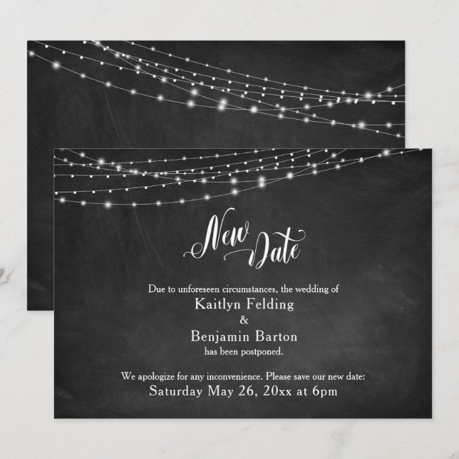 Chalkboard & Lights Postponed Wedding "New Date" Invitation (Front/Back)