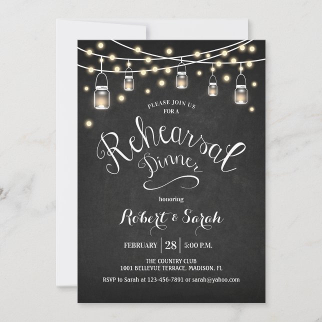 Chalkboard & Lights Rehearsal Dinner Invitation (Front)