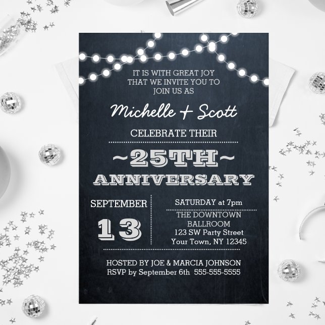 Chalkboard Lights Silver 25th Anniversary Sm Invitation (Creator Uploaded)