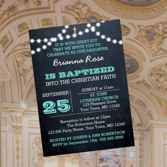Chalkboard Lights Teal Baptism Invitation (Creator Uploaded)