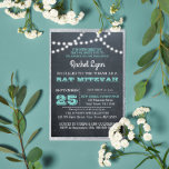 Chalkboard Lights Teal Silver Border Bat Mitzvah Invitation<br><div class="desc">These casual chic invitations are perfect for any Bat Mitzvah celebration. Each line of text is fully customisable to say just what you want! Faux silver glitter border.</div>