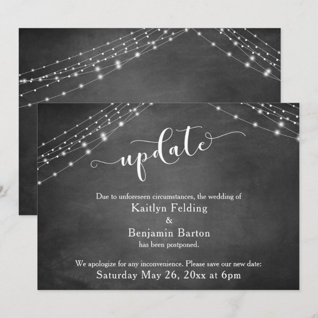 Chalkboard Lights Update Script Postponed Wedding Invitation (Front/Back)