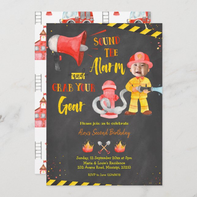 Chalkboard Little Firefighter with photo Invitation (Front/Back)