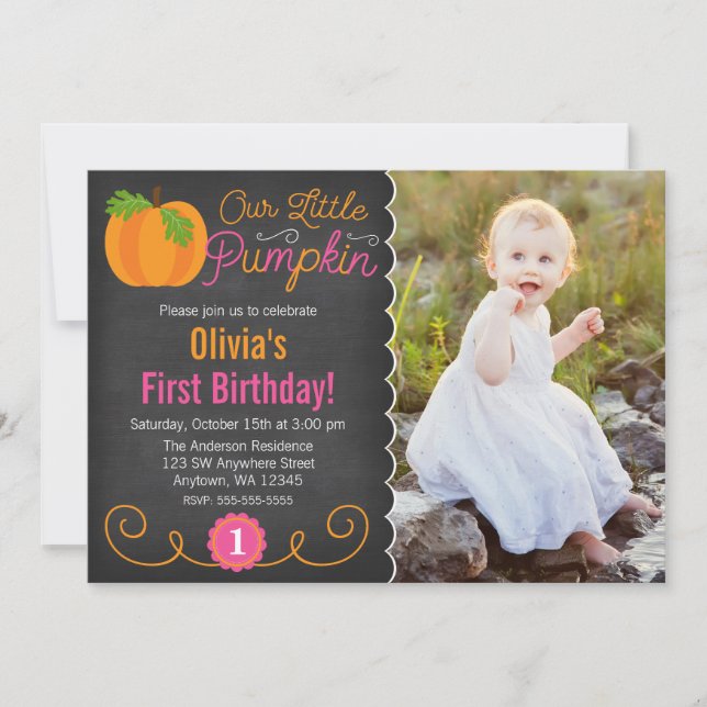 Chalkboard Little Pumpkin Pink Orange Birthday Invitation (Front)