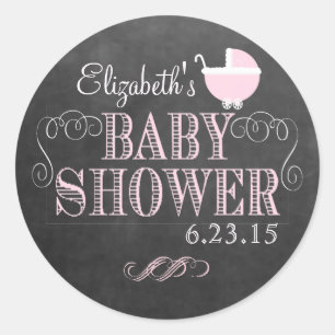 Chalkboard Look and Pink Baby Carriage Baby Shower Classic Round Sticker