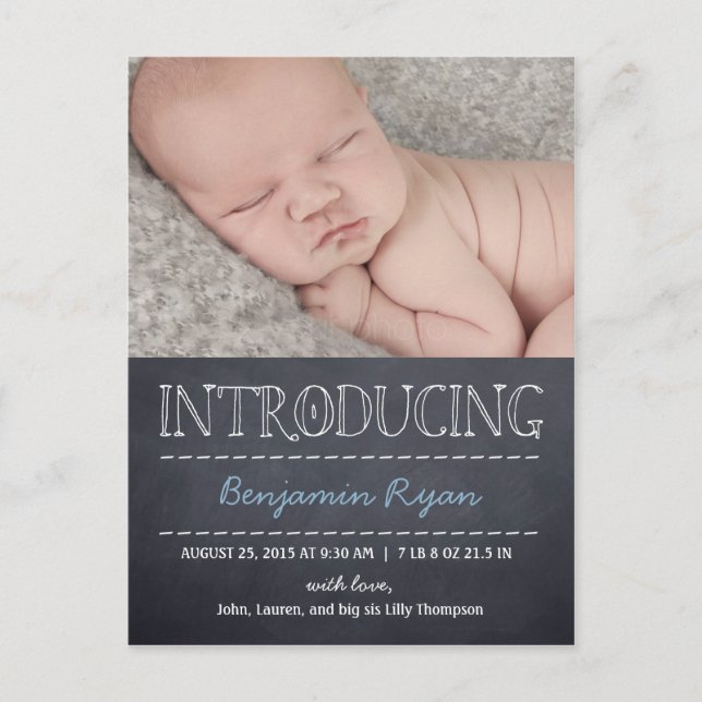 Chalkboard Look Birth Announcement - Blue (Front)