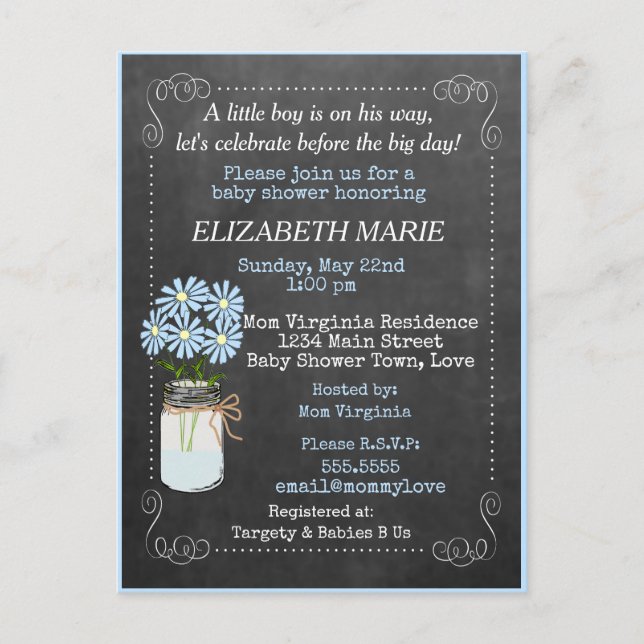 Chalkboard Look Blue Baby Shower Invitation | Postcard (Front)