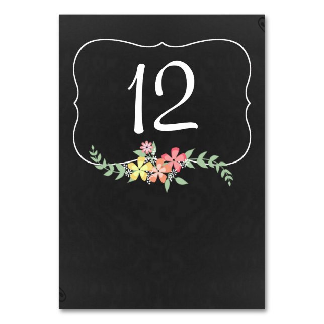 Chalkboard Look Floral Wedding Table Number Card (Front)
