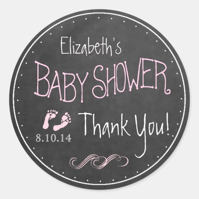 Chalkboard Look Hand Written Pink Baby Shower Classic Round Sticker (Front)