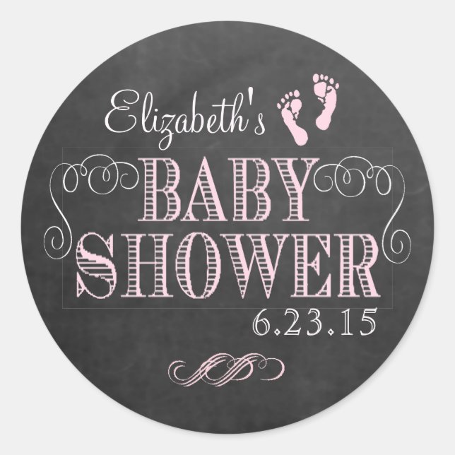 Chalkboard Look Pink Baby Shower Classic Round Sticker (Front)