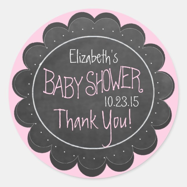 Chalkboard Look Whimsical Pink Baby Shower Favour Classic Round Sticker (Front)