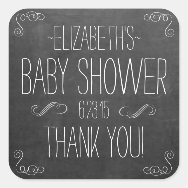 Chalkboard Look White Handwritten Text Baby Shower Square Sticker (Front)