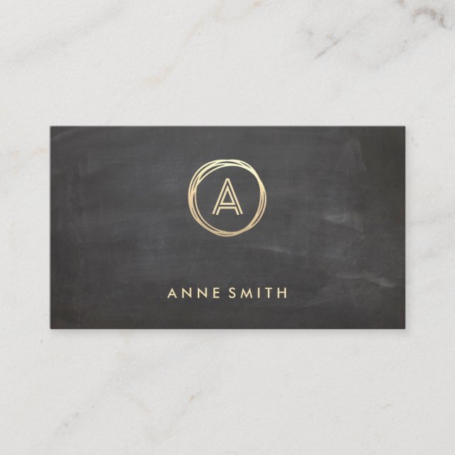 Chalkboard Luxe Gold Circle Modern Monogram Business Card (Front)