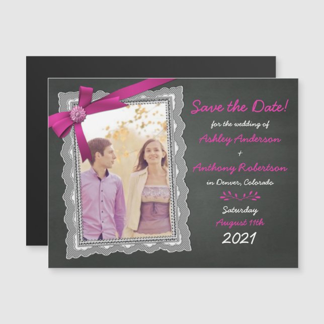 Chalkboard Magenta Bow Photo Wedding Save the Date Magnetic Invitation (Front/Back)