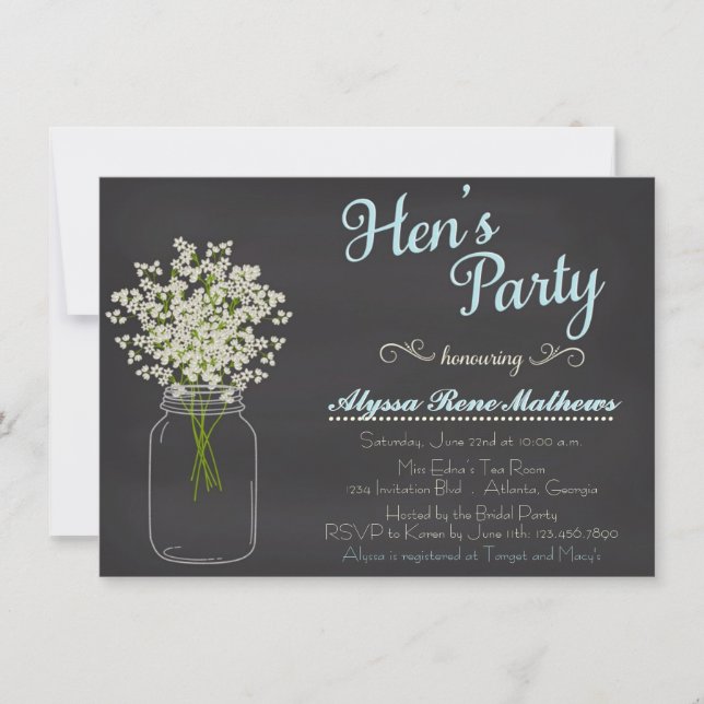Chalkboard Mason Jar Baby's Breath Hen's Party Invitation (Front)