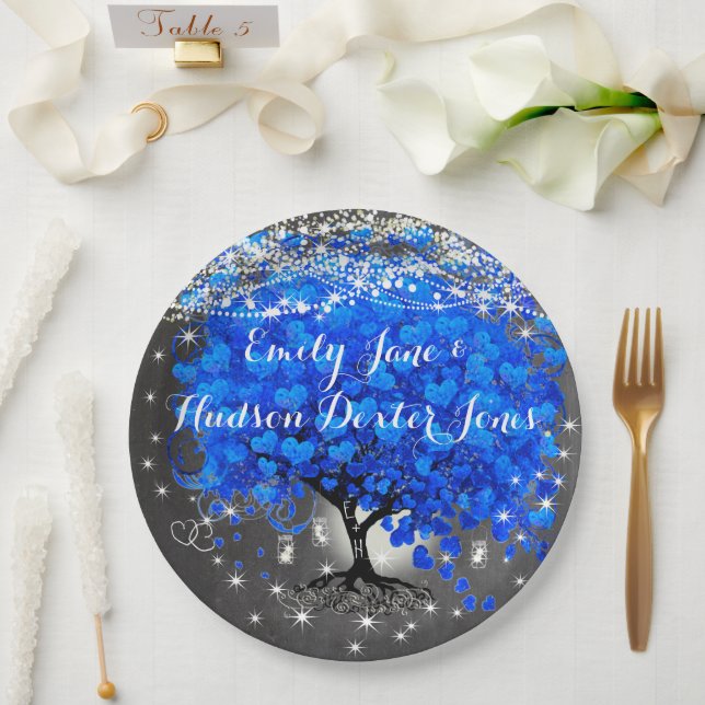 Chalkboard Mason Jar Blue Heart Leaf Firefly Paper Plate (Wedding)