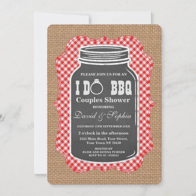 Chalkboard Mason Jar Burlap I DO BBQ Invitation (Front)