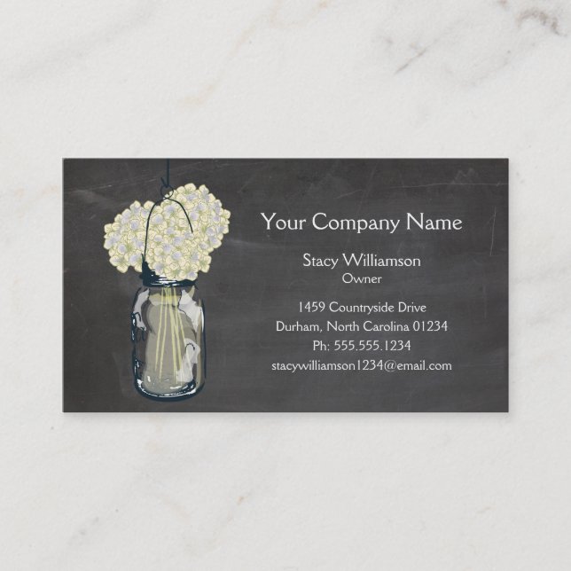 Chalkboard Mason Jar & Hydrangeas Business Card (Front)