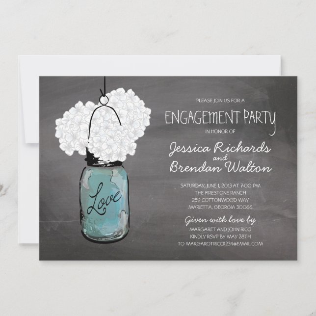 Chalkboard Mason Jar Hydrangeas | Engagement Party Invitation (Front)