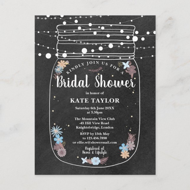 Chalkboard Mason Jar String Lights Bridal Shower Announcement Postcard (Front)