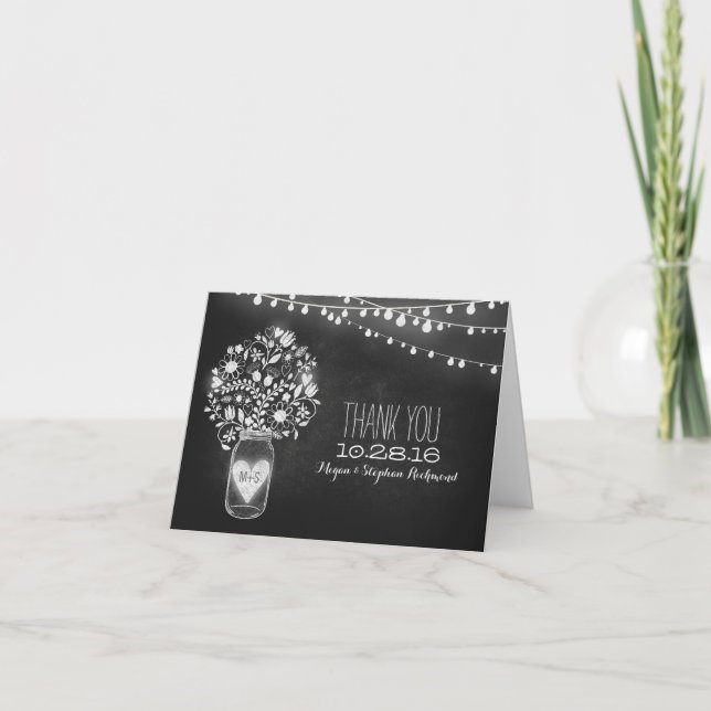 Chalkboard mason jar & string lights thank you card (Front)