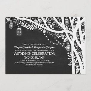 Chalkboard mason jars tree string lights wedding invitation