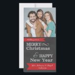 Chalkboard Merry Christmas Photo Christmas Card<br><div class="desc">This photo Christmas card features a dark grey chalkboard background with the wording: wishing you a MERRY Christmas & HAPPY New Year. A red banner at the bottom features customisable text for your to personalise it with your family names.</div>