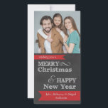 Chalkboard Merry Christmas Photo Christmas Card<br><div class="desc">This photo Christmas card features a dark grey chalkboard background with the wording: wishing you a MERRY Christmas & HAPPY New Year. A red banner at the bottom features customisable text for your to personalise it with your family names.</div>