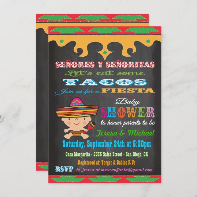 Chalkboard Mexican Fiesta Baby Shower invitations (Front/Back)