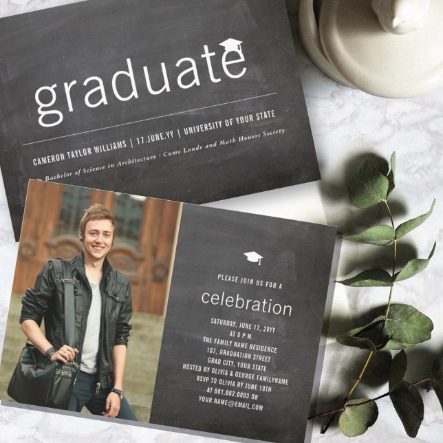 Chalkboard Minimal Graduate Photo Graduation Party Invitation (Creator Uploaded)