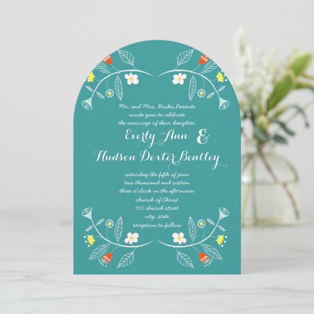 Chalkboard Mint and Coral Floral Garland Wedding Invitation (Standing Front)