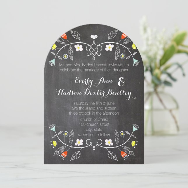 Chalkboard Mint Orange Floral Garland Wedding Invitation (Standing Front)