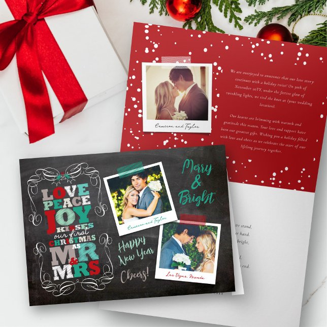 Chalkboard Mistletoe Vintage First Christmas Photo Holiday Card (Love Peace Joy Kisses Vintage Chalkboard Mistletoe First Christmas Photo Holiday Card by fat*fa*tin)