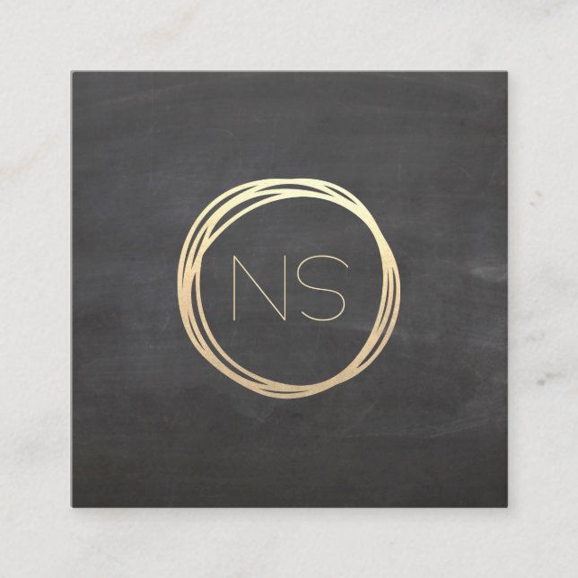Chalkboard Modern Gold Circle Accent Monogram Square Business Card (Front)