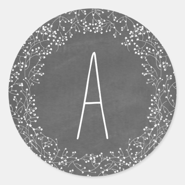 Chalkboard Monogram Baby's Breath Wedding Classic Round Sticker (Front)
