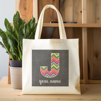 Chalkboard Monogram Letter J with Bright Chevrons Tote Bag