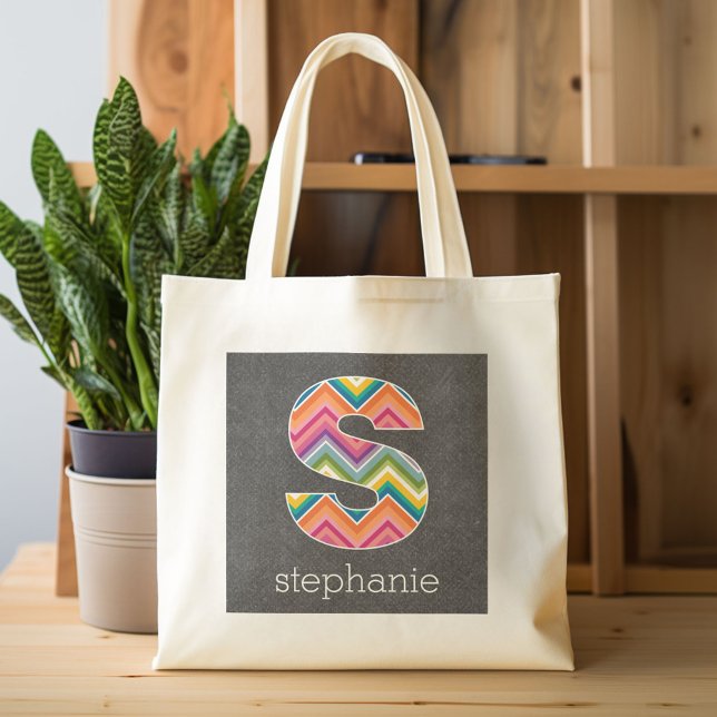Chalkboard Monogram Letter S with Bright Chevrons Tote Bag (Custom Canvas Tote Bag)