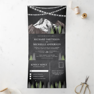 Chalkboard Mountain Forest String Lights Wedding Tri-Fold Invitation