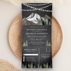 Chalkboard Mountain Forest String Lights Wedding Tri-Fold Invitation
