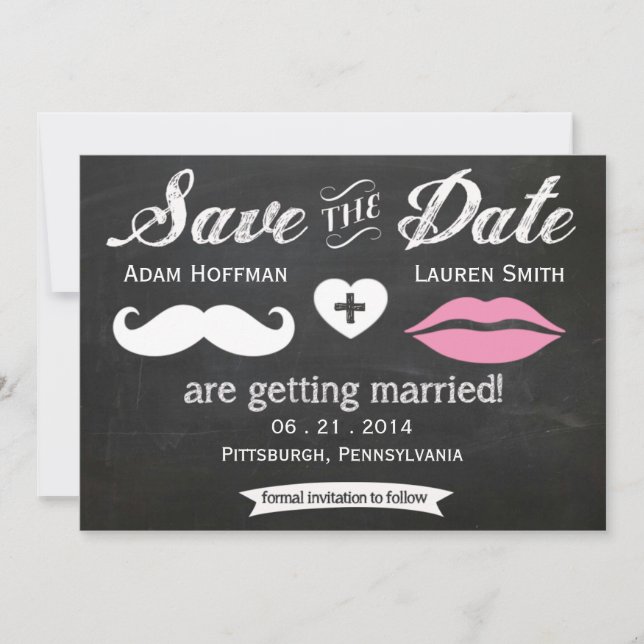 Chalkboard Moustache and Lips Save the Date (Front)