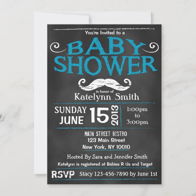 Chalkboard Moustache Baby Shower Invitation (Front)