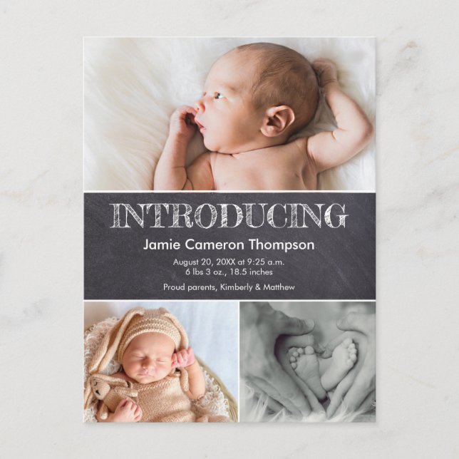 Chalkboard Multi photo collage Baby Birth Announcement Postcard (Front)