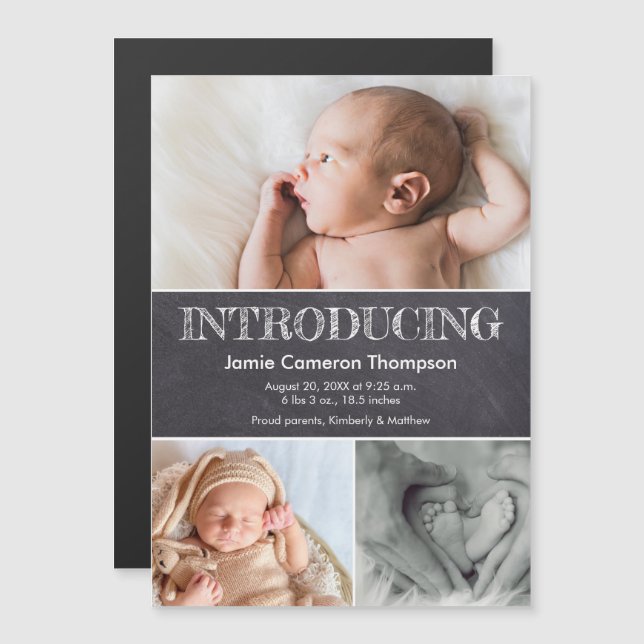 Chalkboard Multi photo collage Baby Birth Magnetic Invitation (Front/Back)