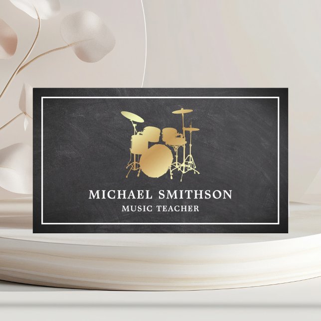 Chalkboard Music Teacher Gold Drum Kit Drummer Business Card (Creator Uploaded)