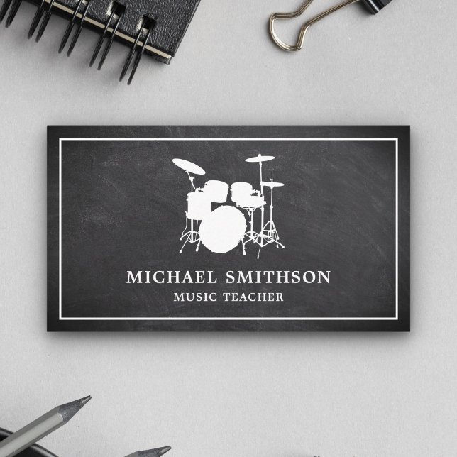 Chalkboard Music Teacher White Drum Kit Drummer Business Card (Creator Uploaded)