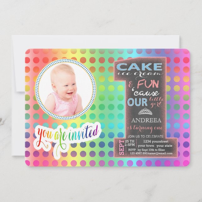 Chalkboard Number One Photo GIRL 1st Birthday Invitation (Front)