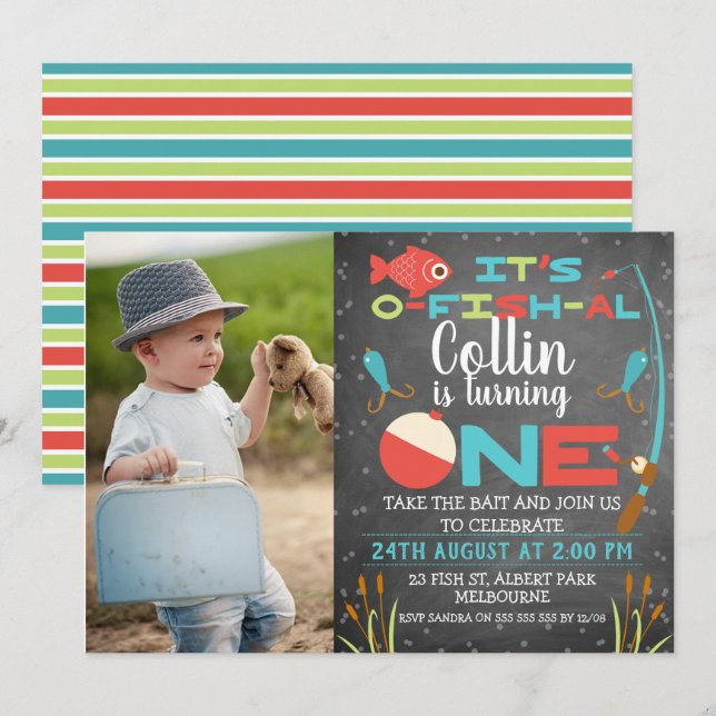 Chalkboard O-fish-ally One Birthday Invitation (Front/Back)